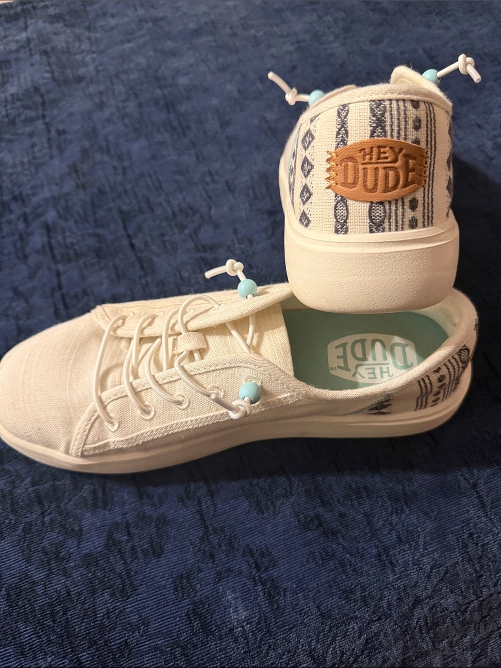 Hey Dude Cream Canvas Sneakers with Turquoise Accents